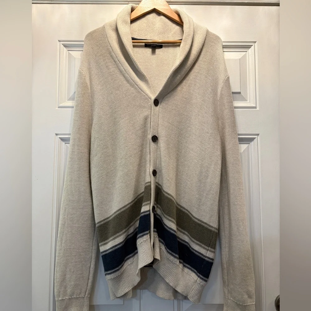 Banana Republic Men's Cream Shawl Neck Cardigan with Stripes XL Grandpacore Prep